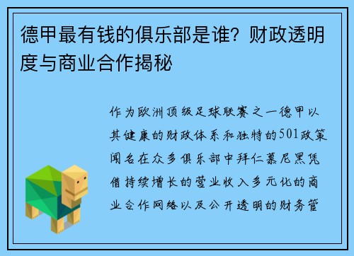 德甲最有钱的俱乐部是谁？财政透明度与商业合作揭秘
