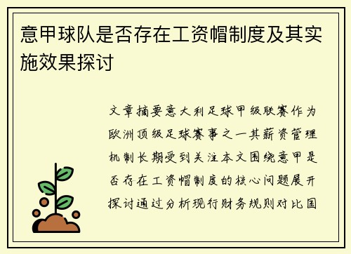 意甲球队是否存在工资帽制度及其实施效果探讨
