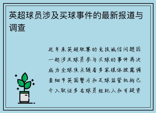 英超球员涉及买球事件的最新报道与调查