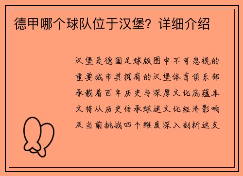 德甲哪个球队位于汉堡？详细介绍
